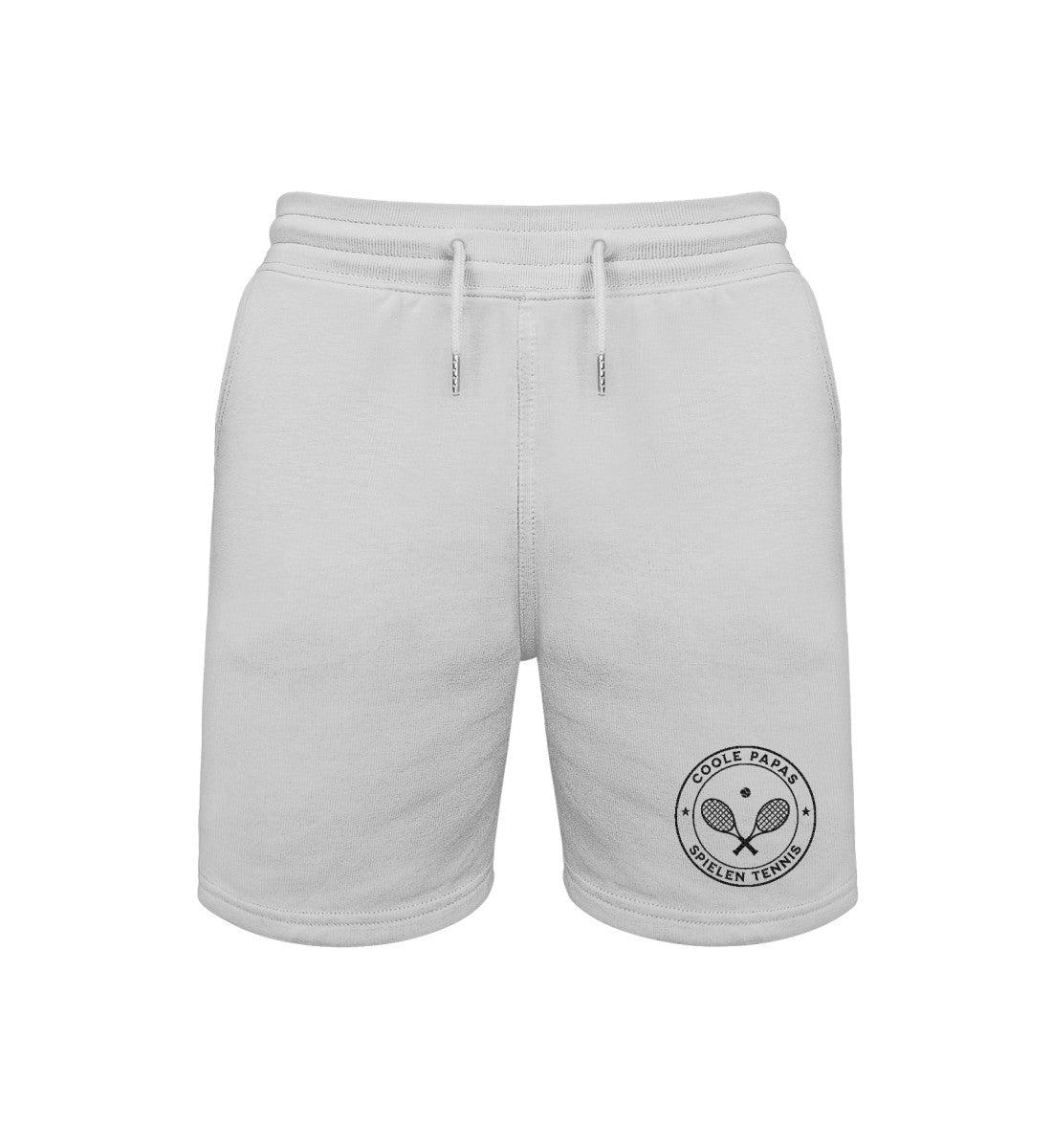 Hellgraue Herren Sweat Shorts mit gesticktem Tennis-Badge-Logo – 'Coole Papas spielen Tennis', TennisFashionAvenue