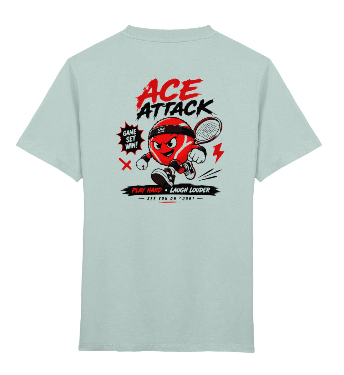 Kinder Tennis T-Shirt "Ace Attack" mint mit Cartoon-Tennisball-Charakter und Racket, Rückenansicht