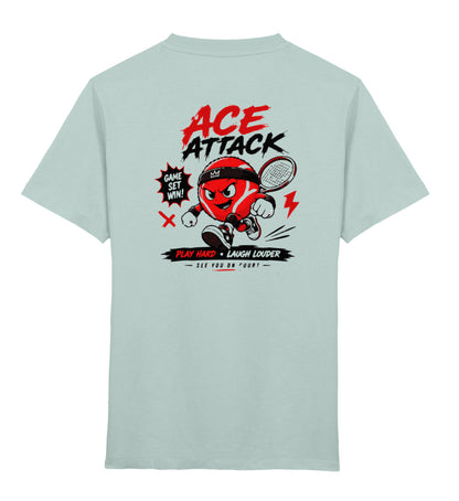 Kinder Tennis T-Shirt "Ace Attack" mint mit Cartoon-Tennisball-Charakter und Racket, Rückenansicht