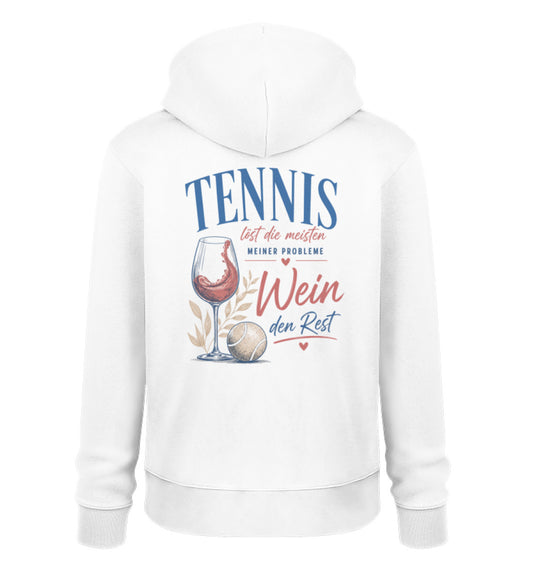 Weißer Damen-Hoodie ohne Reißverschluss, Rückenansicht mit Tennis-Design: Schriftzug "Tennis löst die meisten meiner Probleme, Wein den Rest" neben Weinglas, Rebblättern und Tennisball