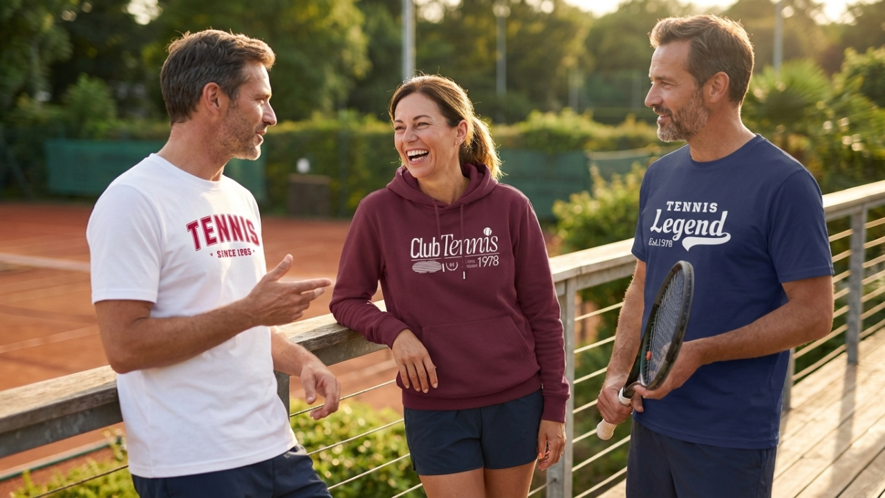 Tennis-Lifestyle auf Clubterrasse mit Herren-Shirts und Damen-Hoodie mit Jahreszahl