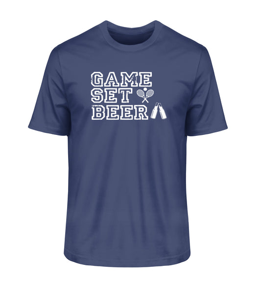 Blaues Herren Tennis T-Shirt mit Print "Game, Set, Beer" und Tennisschläger-Symbol