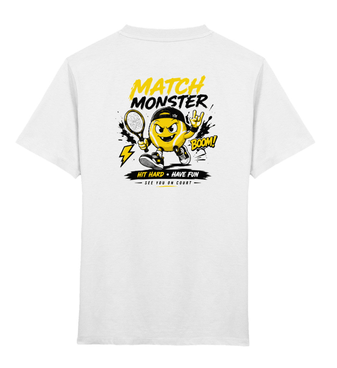Kinder Tennis T-Shirt "Match Monster" mit Cartoon-Tennisball-Charakter und Racket, weiß, Rückenansicht