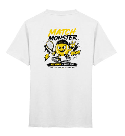 Kinder Tennis T-Shirt "Match Monster" mit Cartoon-Tennisball-Charakter und Racket, weiß, Rückenansicht