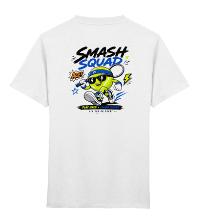 Kinder Tennis T-Shirt "Smash Squad" weiß mit Cartoon-Tennisball-Charakter und Sonnenbrille, Rückenansicht