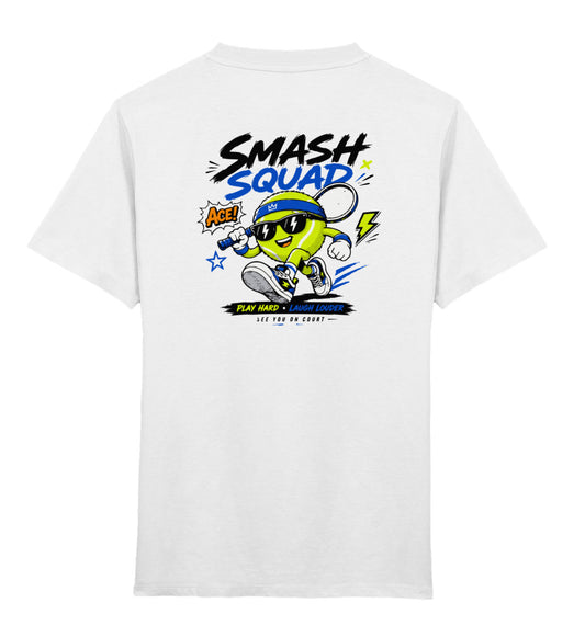 Kinder Tennis T-Shirt "Smash Squad" weiß mit Cartoon-Tennisball-Charakter und Sonnenbrille, Rückenansicht