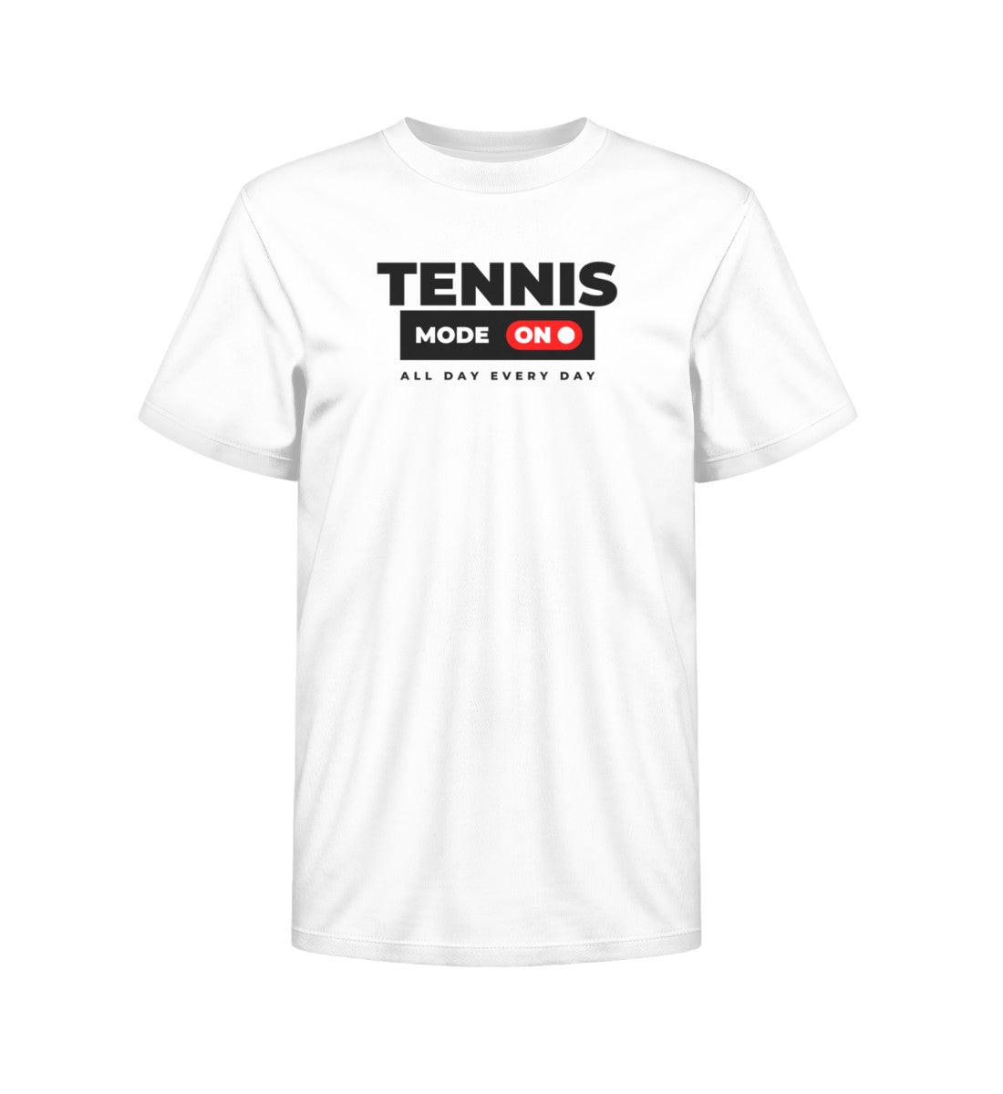 Weißes Kinder T-Shirt mit Aufdruck 'Tennis Mode ON – All Day Every Day' in Schwarz und Rot, TennisFashionAvenue