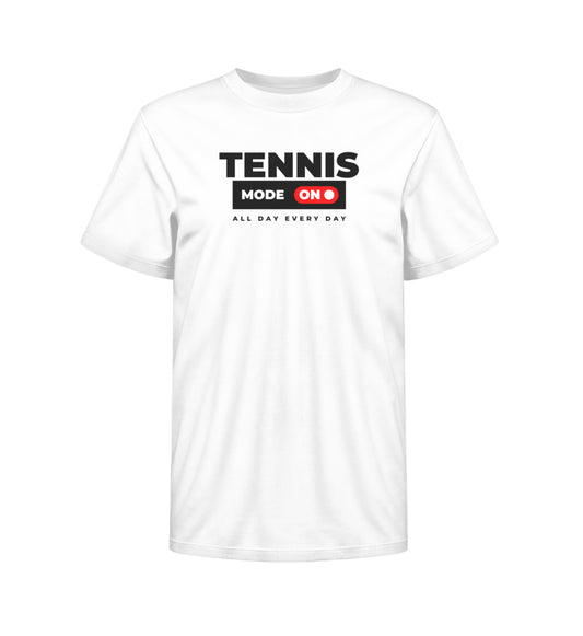 Weißes Kinder T-Shirt mit Aufdruck 'Tennis Mode ON – All Day Every Day' in Schwarz und Rot, TennisFashionAvenue