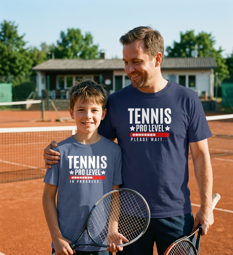 Vater und Sohn auf Tennisplatz in passenden Navy-Shirts 'Tennis Pro Level Please Wait' und 'Tennis Pro Level In Progress' – Tennis Duo-Outfit für Papa und Kind