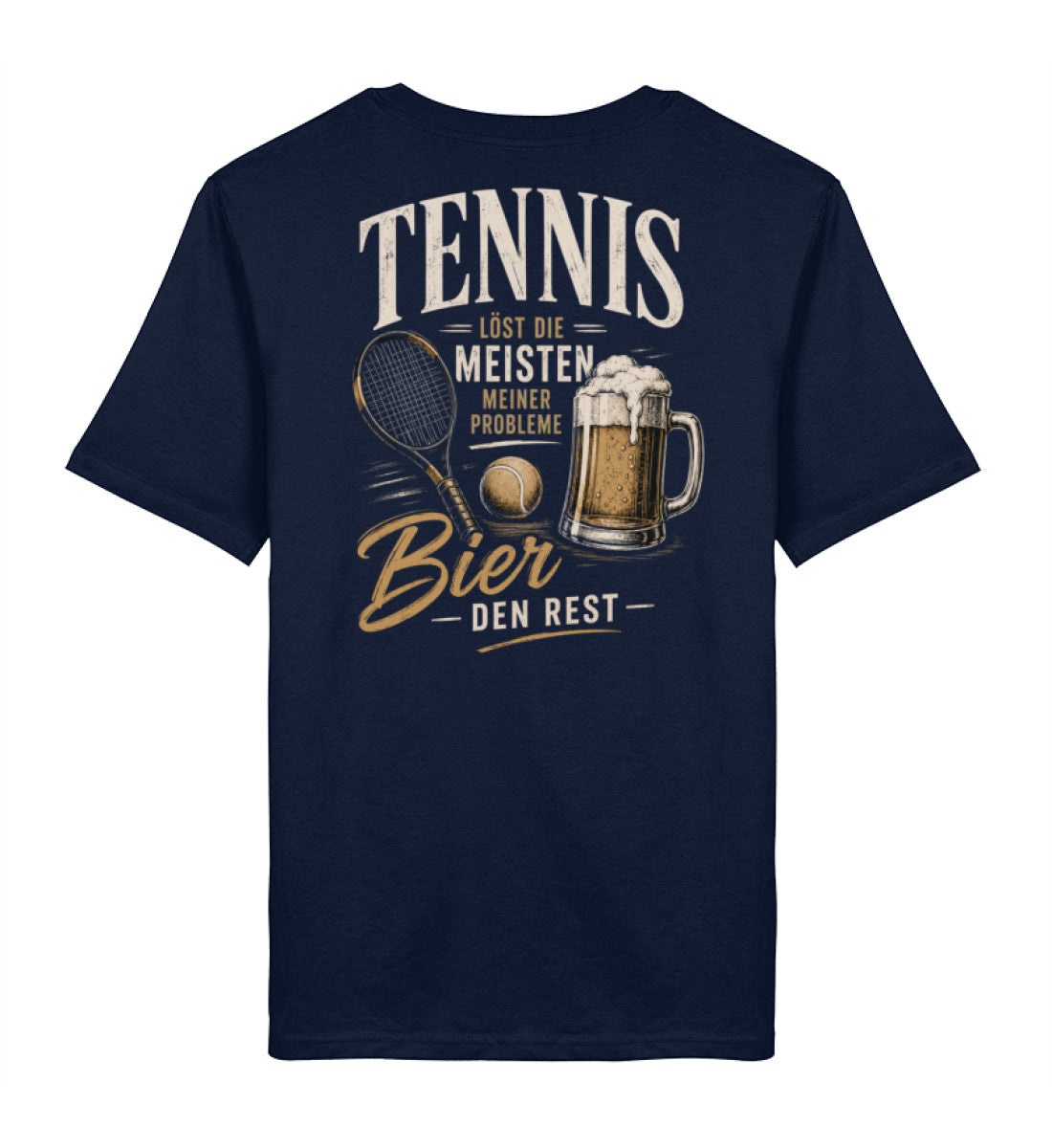 Navy Herren T-Shirt mit Print Tennisracket, Ball und Bierkrug, Text "Tennis löst die meisten meiner Probleme, Bier den Rest", Rückenansicht