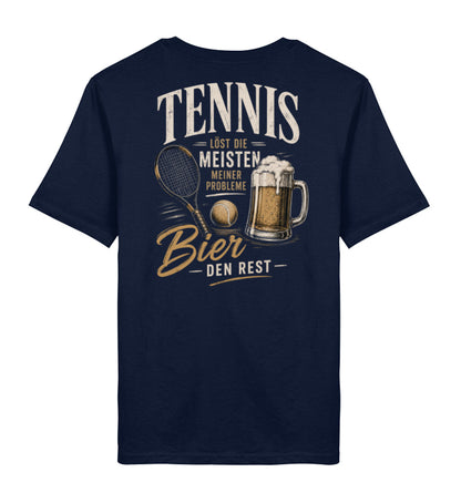 Navy Herren T-Shirt mit Print Tennisracket, Ball und Bierkrug, Text "Tennis löst die meisten meiner Probleme, Bier den Rest", Rückenansicht