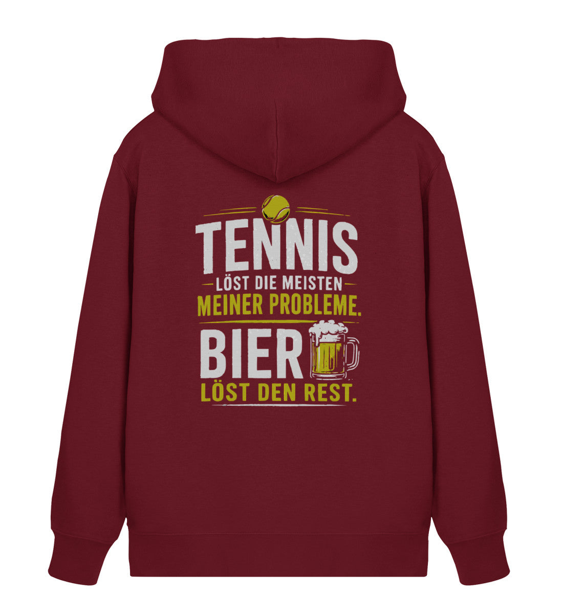 Burgundy Herren Organic Sweatjacke mit Zipper und Print "Tennis löst die meisten meiner Probleme, Bier löst den Rest", Rückenansicht