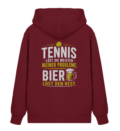 Burgundy Herren Organic Sweatjacke mit Zipper und Print "Tennis löst die meisten meiner Probleme, Bier löst den Rest", Rückenansicht