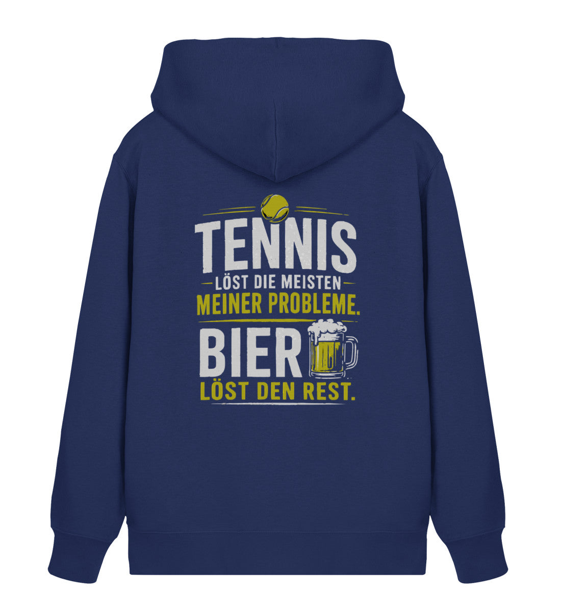 Navy Herren Organic Sweatjacke mit Zipper und Print "Tennis löst die meisten meiner Probleme, Bier löst den Rest", Rückenansicht