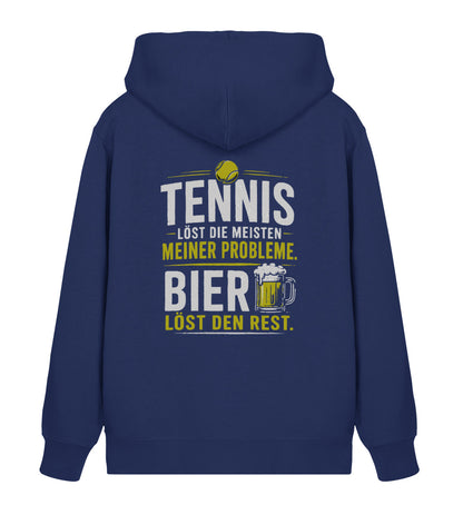 Navy Herren Organic Sweatjacke mit Zipper und Print "Tennis löst die meisten meiner Probleme, Bier löst den Rest", Rückenansicht