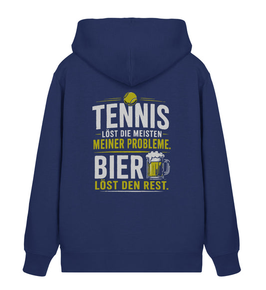Navy Herren Organic Sweatjacke mit Zipper und Print "Tennis löst die meisten meiner Probleme, Bier löst den Rest", Rückenansicht