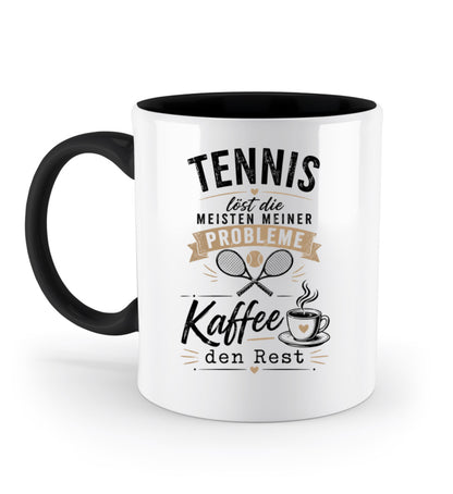 Weiß-schwarze Tasse mit Print gekreuzte Tennisracket und Kaffeetasse, Text "Tennis löst die meisten meiner Probleme, Kaffee den Rest"