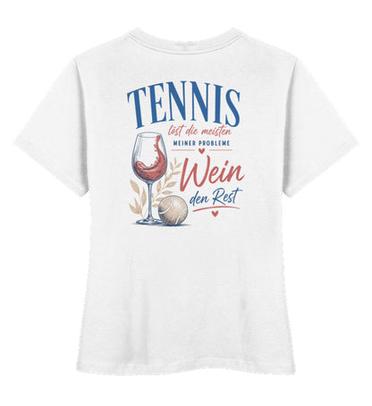 Weißes Damen T-Shirt mit Print Weinglas und Tennisball, Text "Tennis löst die meisten meiner Probleme, Wein den Rest", Rückenansicht