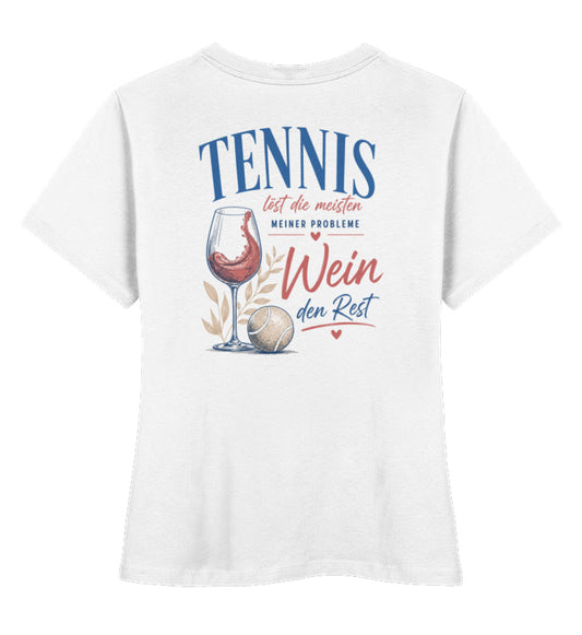 Weißes Damen T-Shirt mit Print Weinglas und Tennisball, Text "Tennis löst die meisten meiner Probleme, Wein den Rest", Rückenansicht