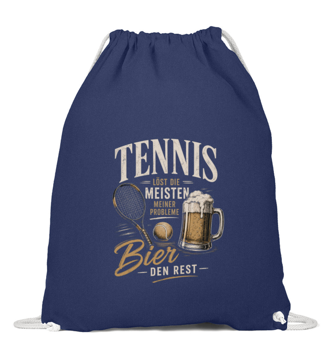 Navyblauer Turnbeutel mit Tennis-Design: Schriftzug "Tennis löst die meisten meiner Probleme, Bier den Rest" neben Bierkrug-Illustration, Kordelzug, erhältlich auch in Grün und Schwarz