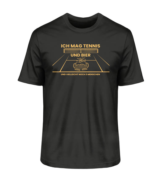 Schwarzes Herren Tennis T-Shirt mit Schriftzug "Ich mag Tennis und Bier" und Tennisplatz-Grafik